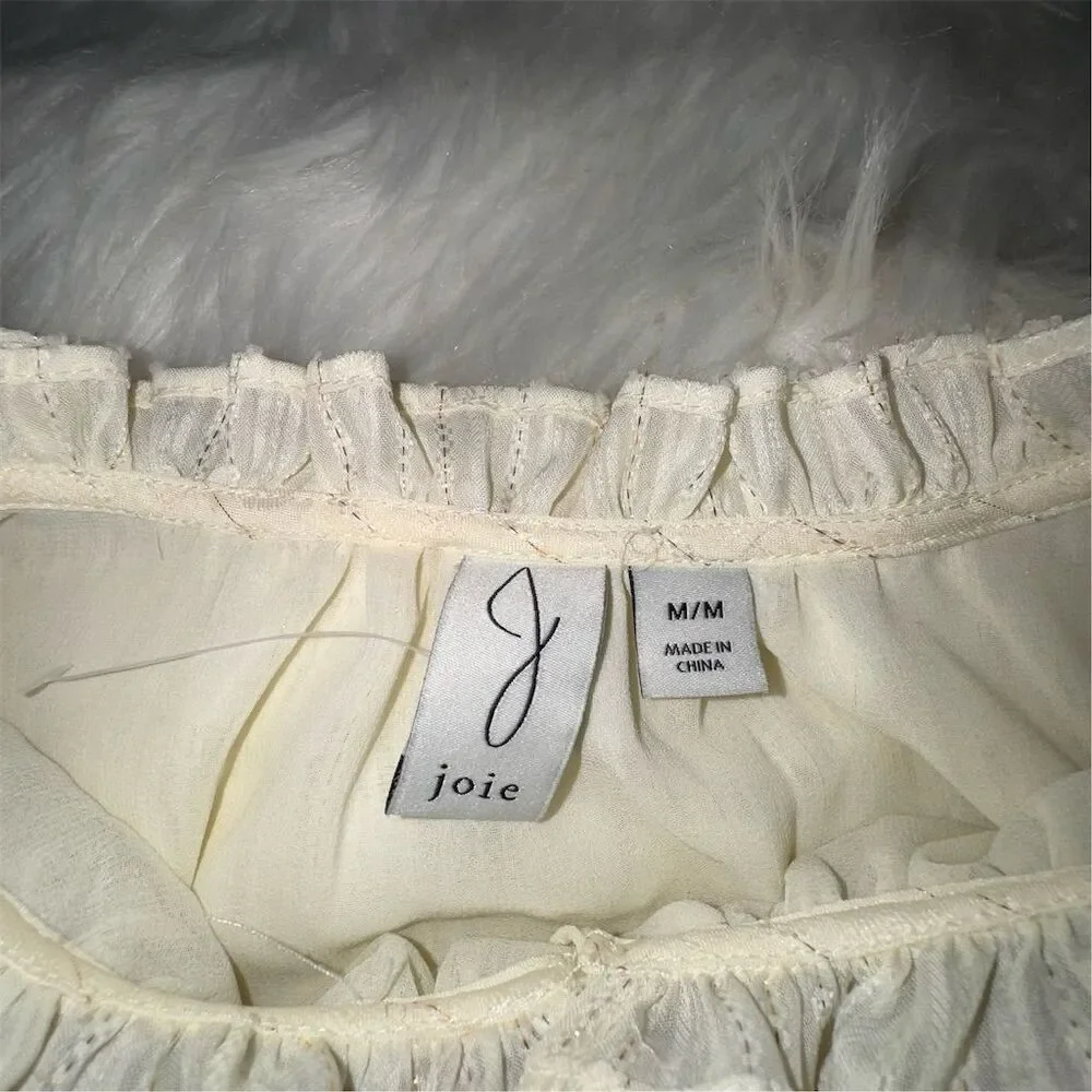 Joie Women's Ivory and Gold Ruffle Blouse M Long Balloon Sleeve Party Christmas - Picture 10 of 17